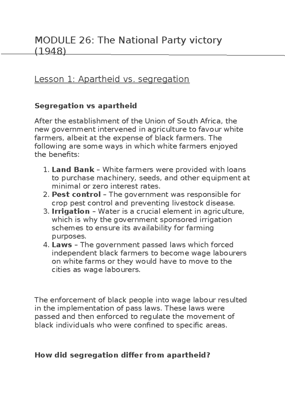 Module 26: The 1948 National Party Victory & Apartheid Lessons - Studocu