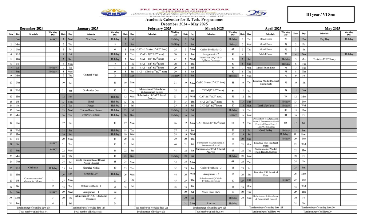 III Year VI Sem Academic Calendar for B. Tech. Dec 2024 - May 2025 ...