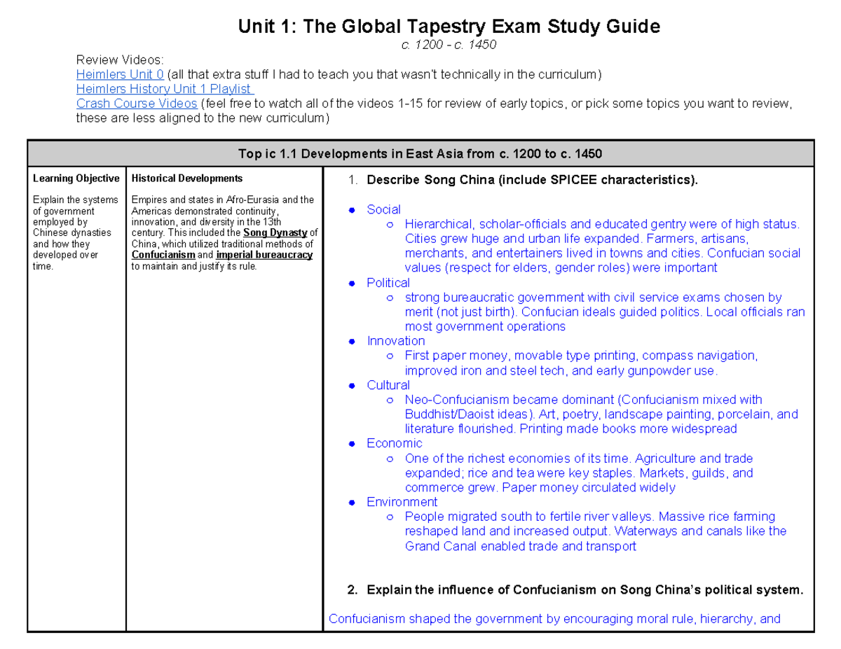 AP World History Unit 1: The Global Tapestry Exam Study Guide - Studocu