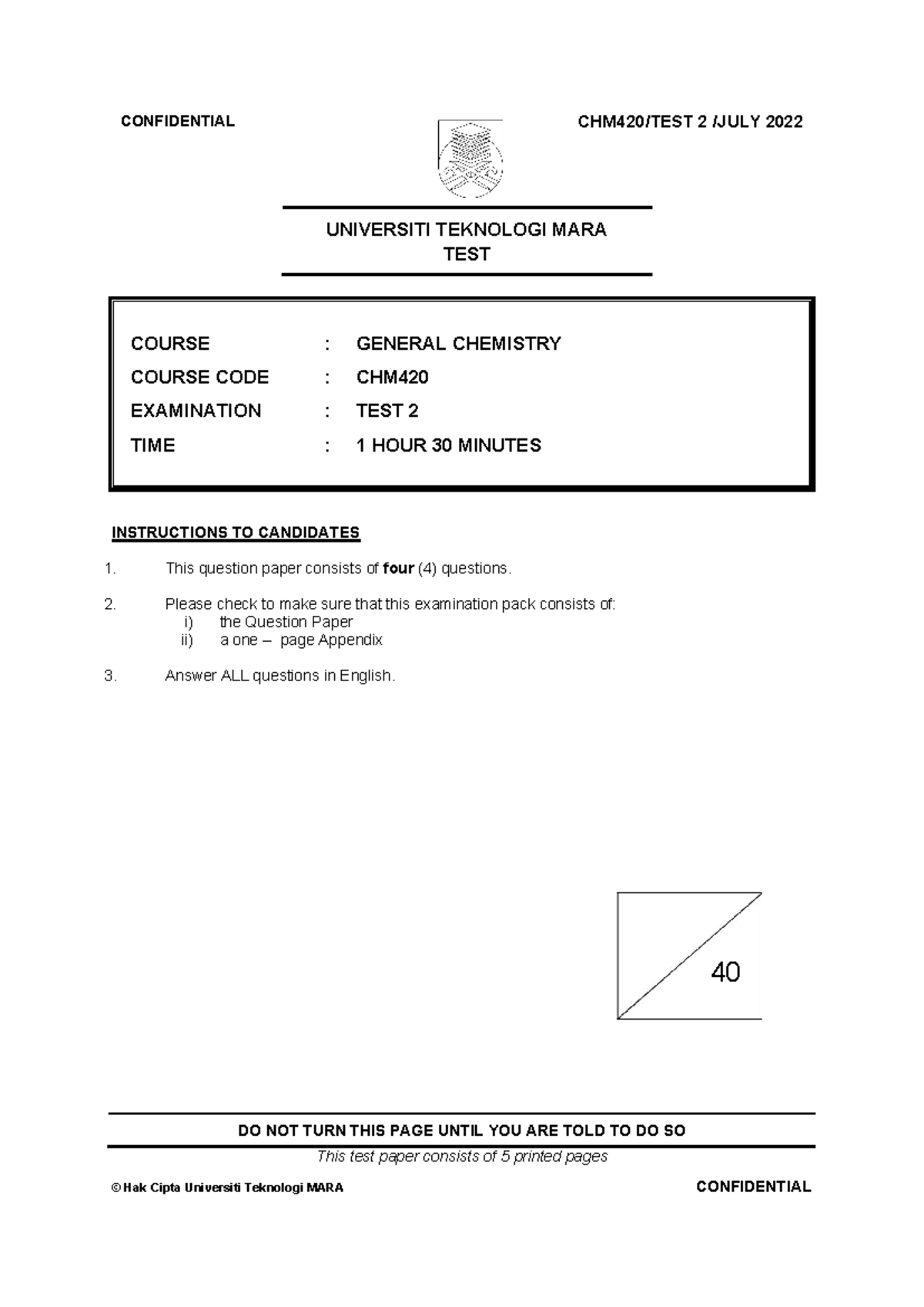 CHM420 Test 2: General Chemistry Examination Questions 2022 - Studocu