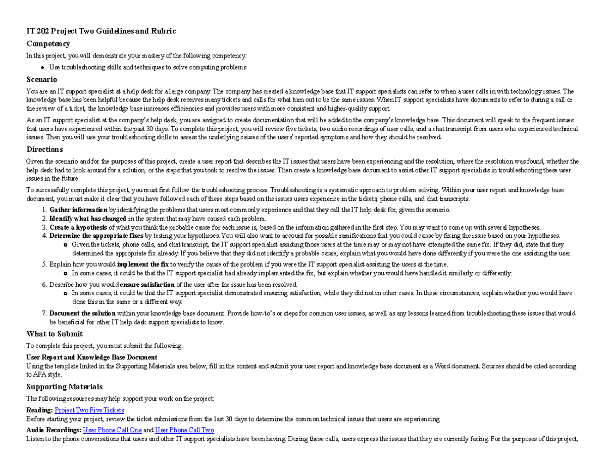 IT 202 Project Two: User Report & Knowledge Base Creation Guidelines ...