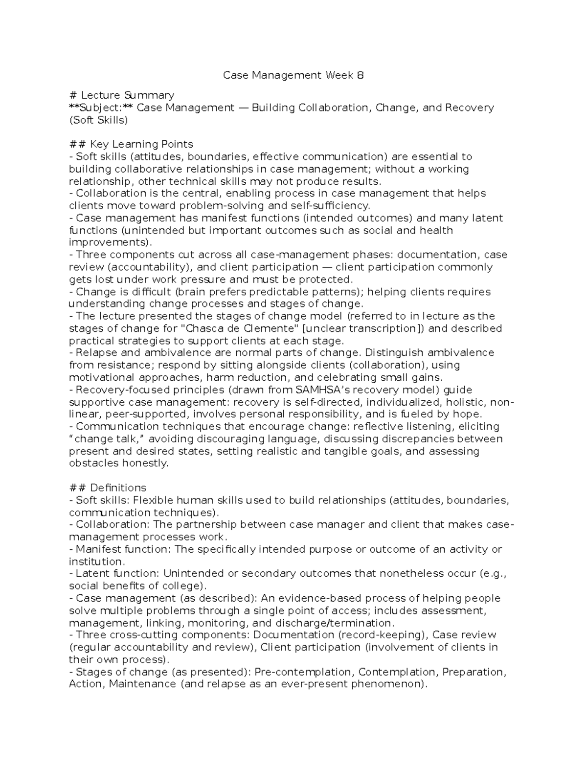 Case Management CM 101 Week 8 Lecture Summary: Collaboration & Change ...