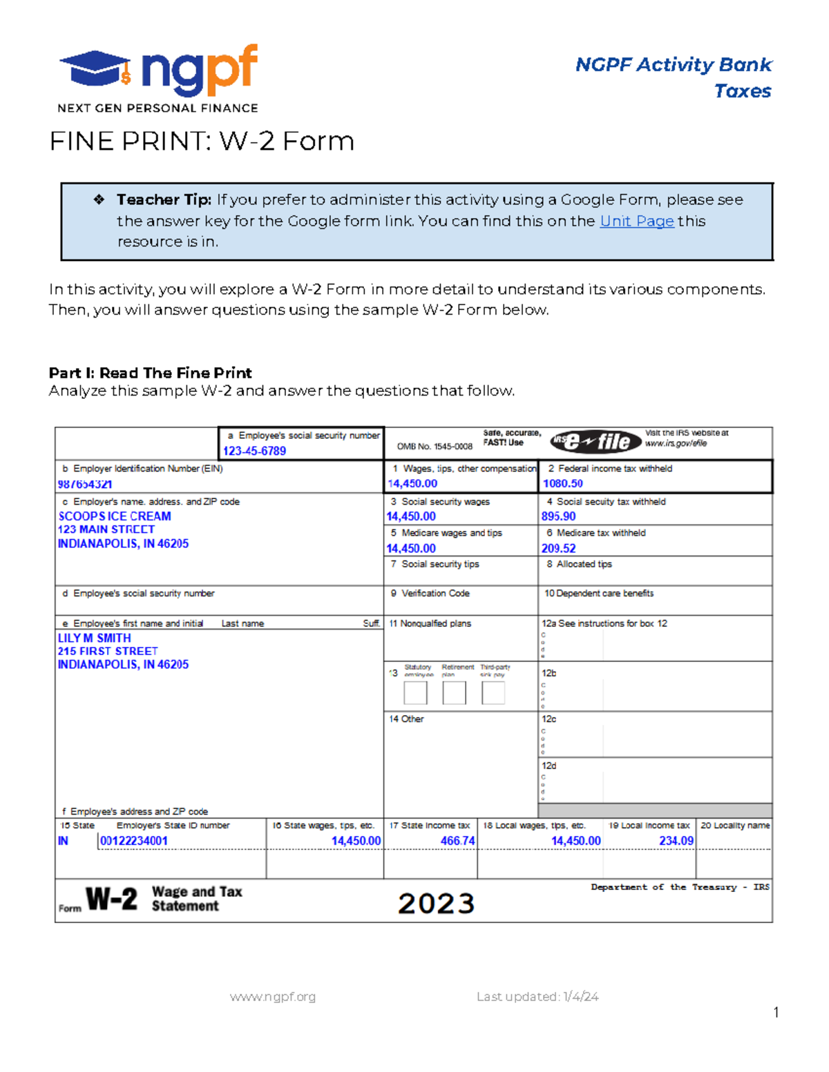 copy of fine print w-2 form - ngpf activity bank taxes fine print