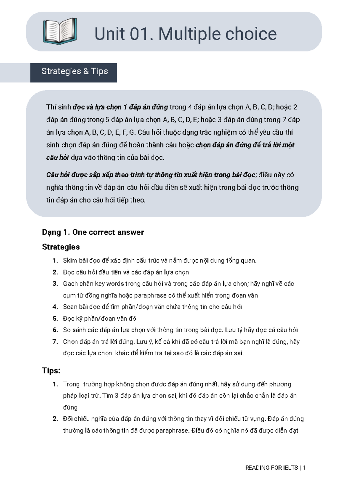 Reading Strategies for IELTS Unit 01: Multiple Choice Tips and ...