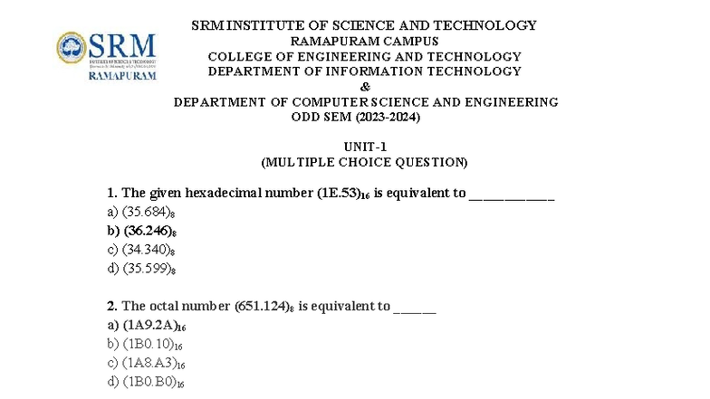 SRM IT 101 ODD SEM - Question Bank for Base Conversions & Binary ...