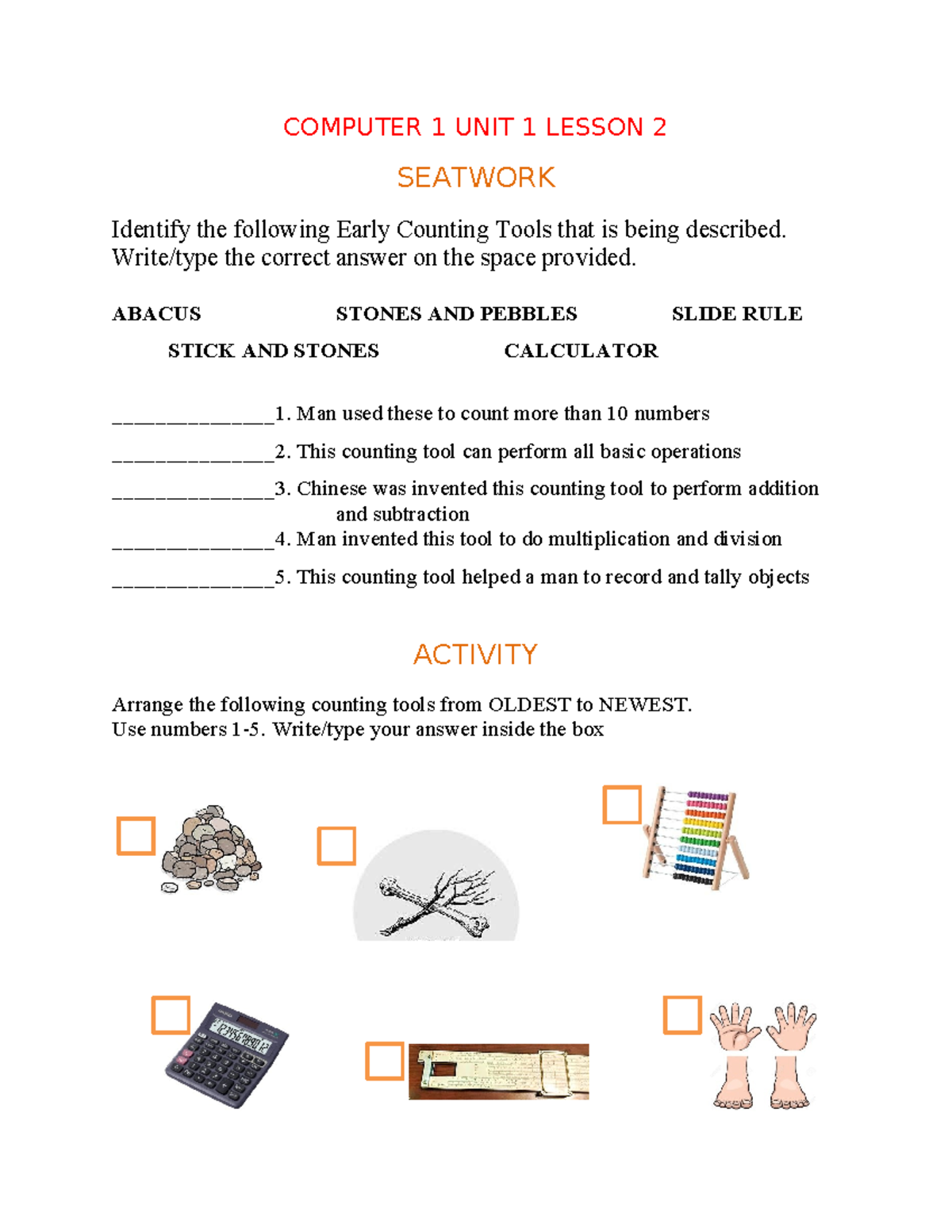 Body seatwork Activity unit1 lesson 2 comp1 - COMPUTER 1 UNIT 1 LESSON ...
