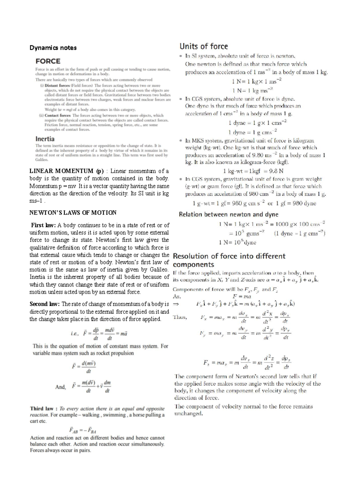 Dynamics Notes: Linear Momentum and Laws of Motion - Studocu