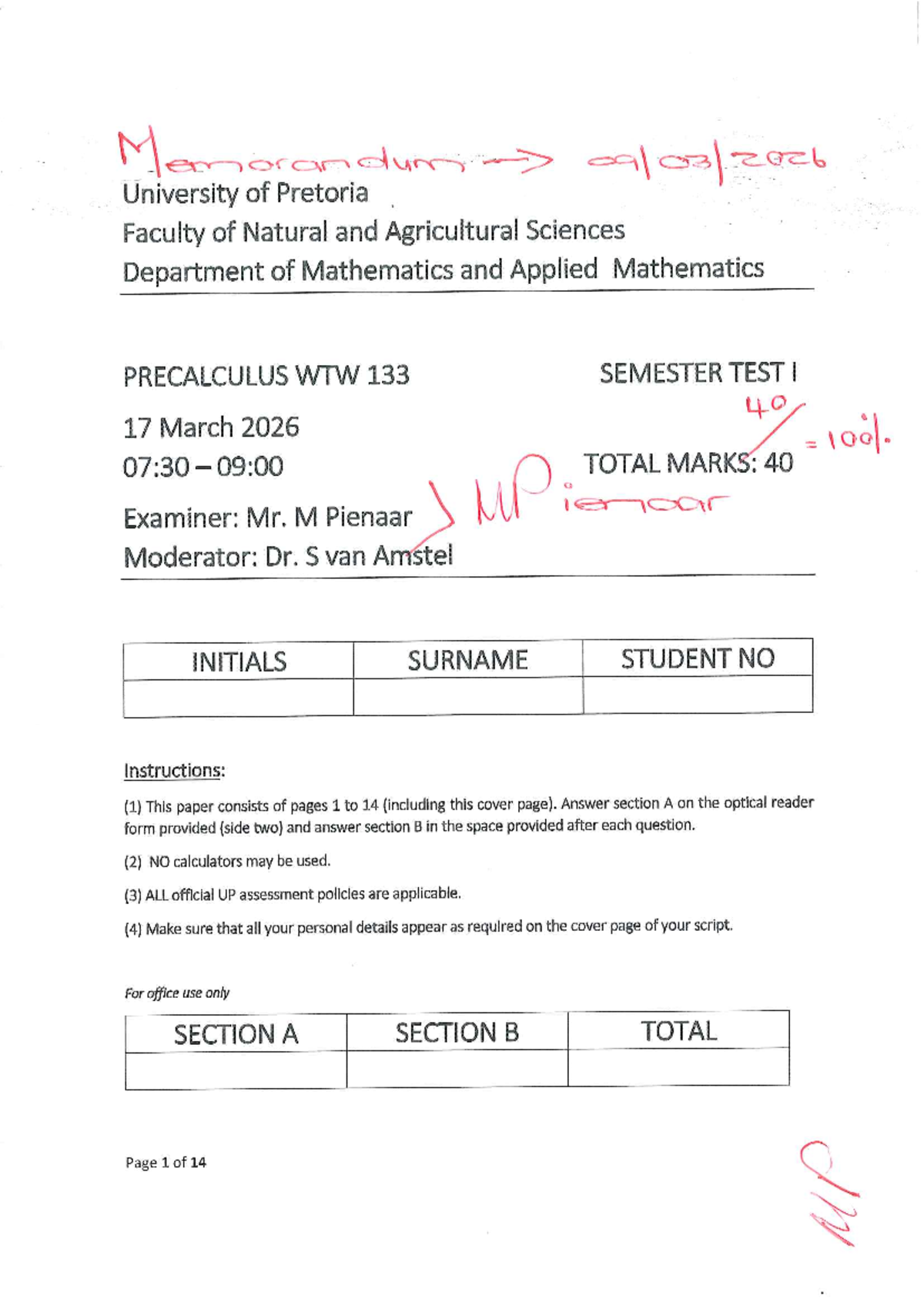 WTW 133 Precalculus Semester Test I Memo - 17 March 2026 - Studocu