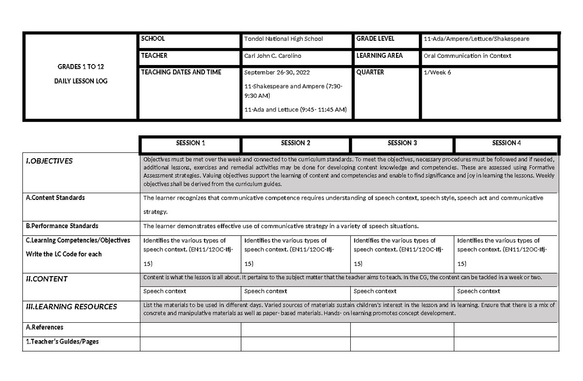 OC Q1 W6 - english - GRADES 1 TO 12 DAILY LESSON LOG SCHOOL Tondol ...