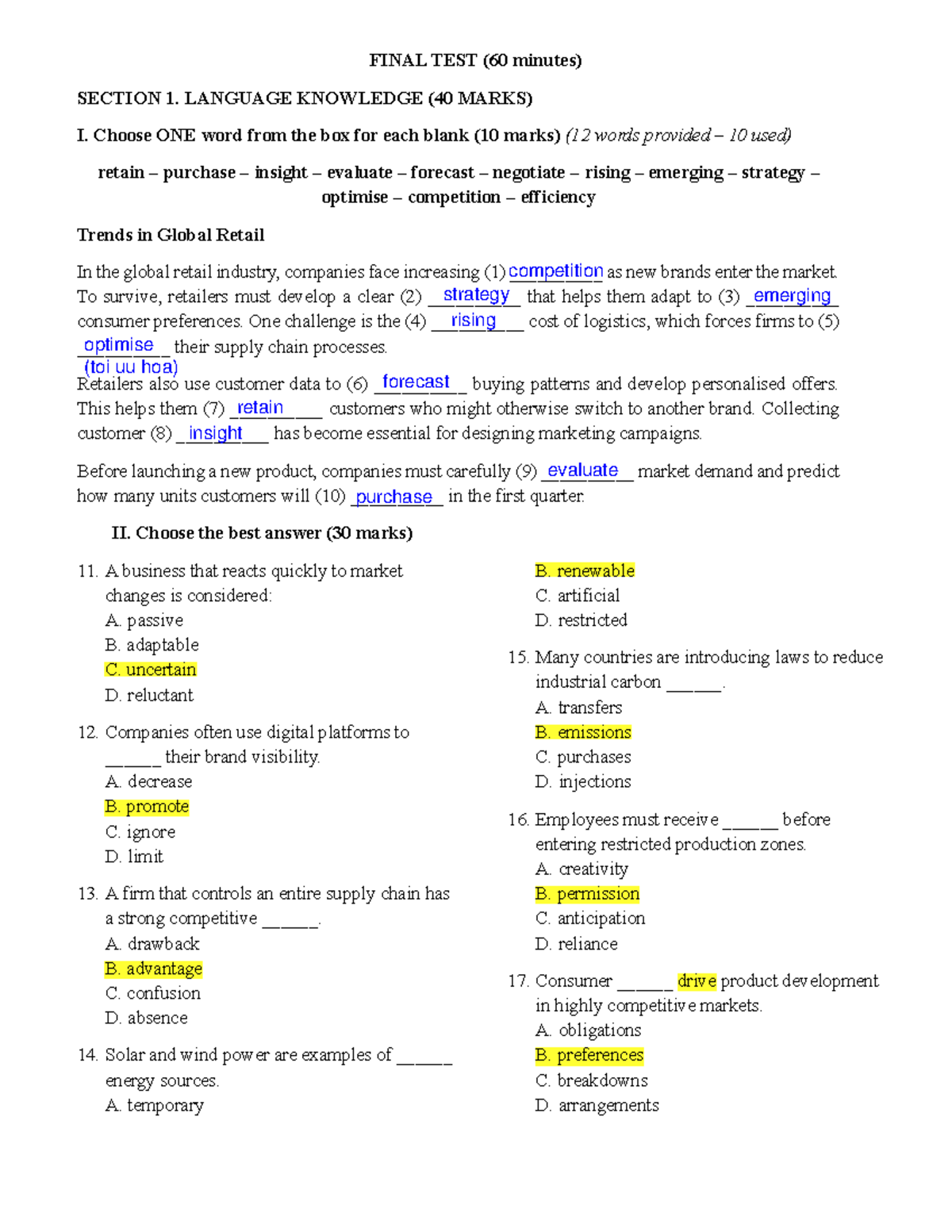 FINAL TEST (60 min) - Language Knowledge & Writing Tasks - Studocu