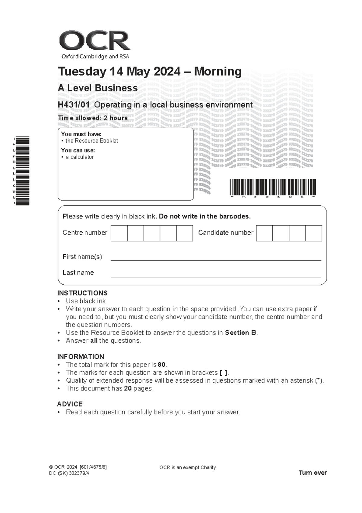A Level Business (726551) Exam Paper: Operating in a Local Business ...