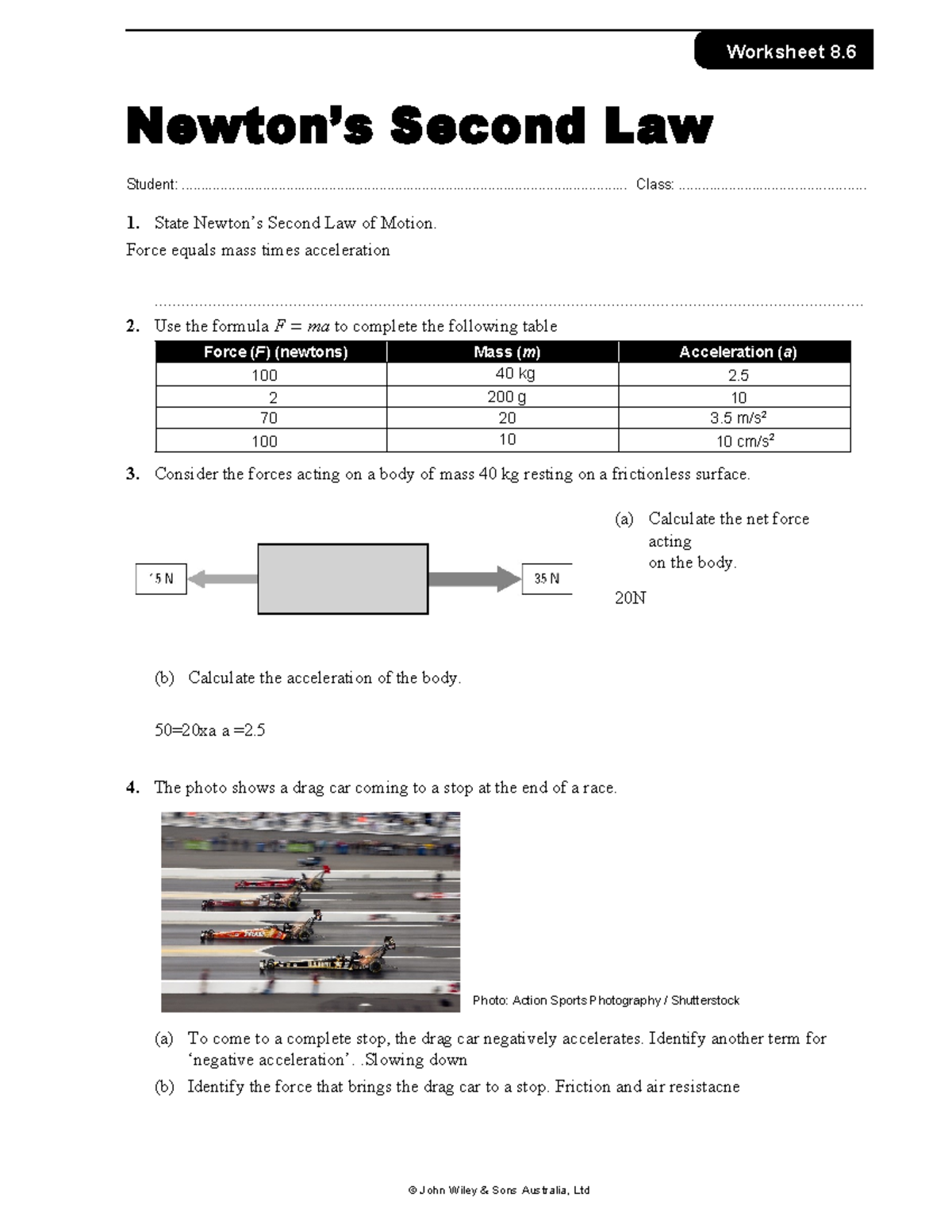 Newton's Second Law Worksheet (Physics 101) - Studocu