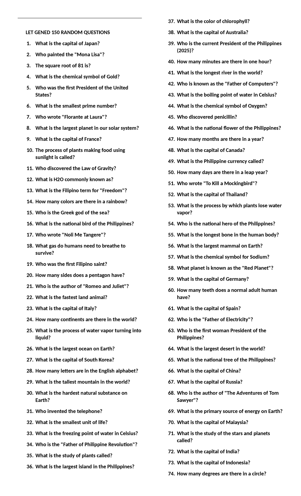 LET GENED 150 Random Questions: A Comprehensive Quiz Guide - Studocu