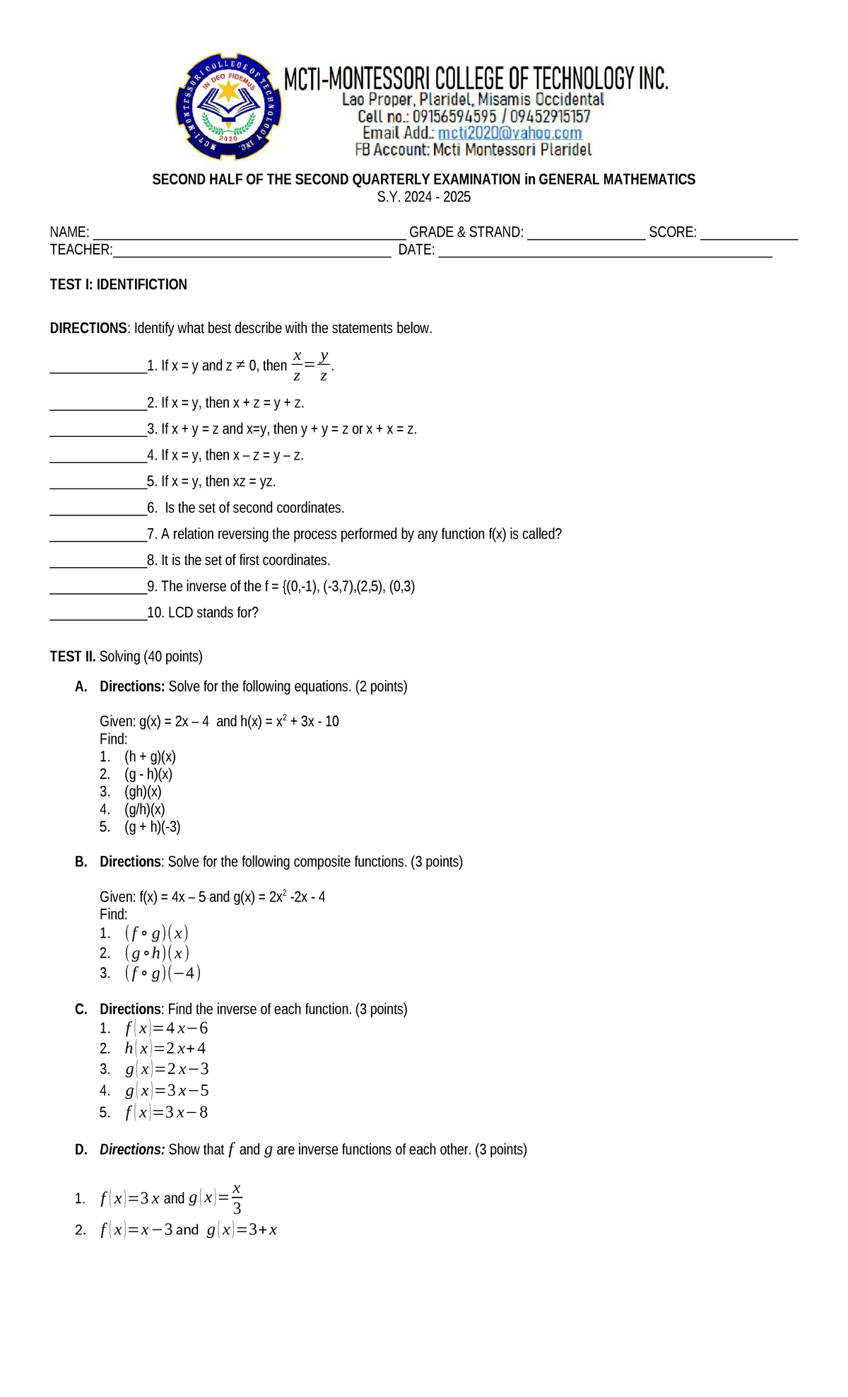 2nd quarter 2nd half gen math - SECOND HALF OF THE SECOND QUARTERLY ...