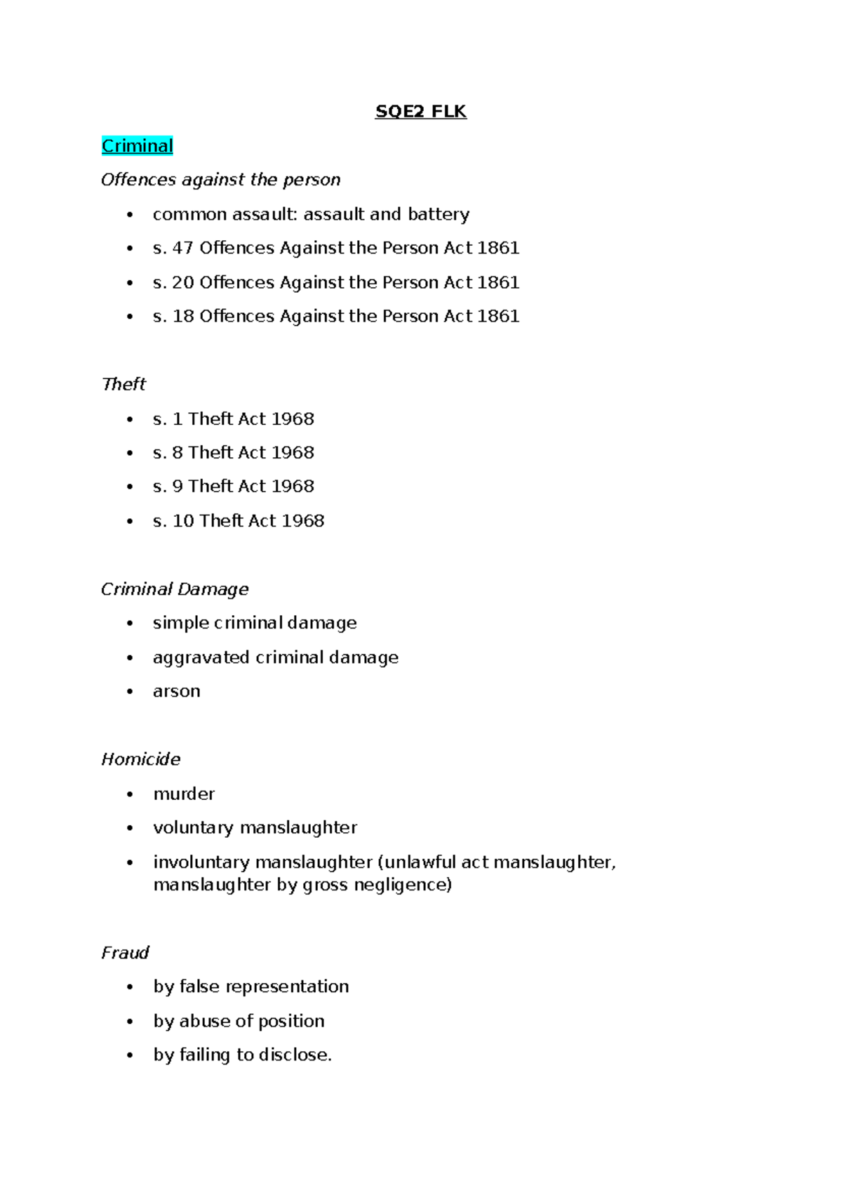 SQE2 FLK Criminal Law Overview: Key Offences & Procedures - Studocu