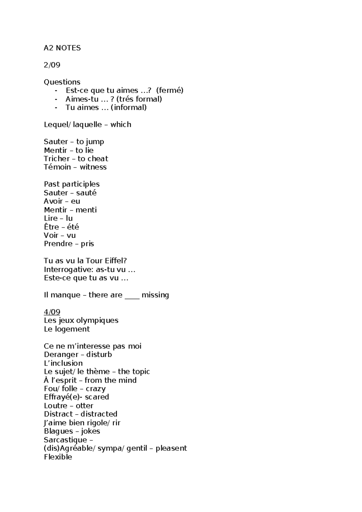 A2 Notes: Vocabulary and Grammar Insights for French Learners - Studocu
