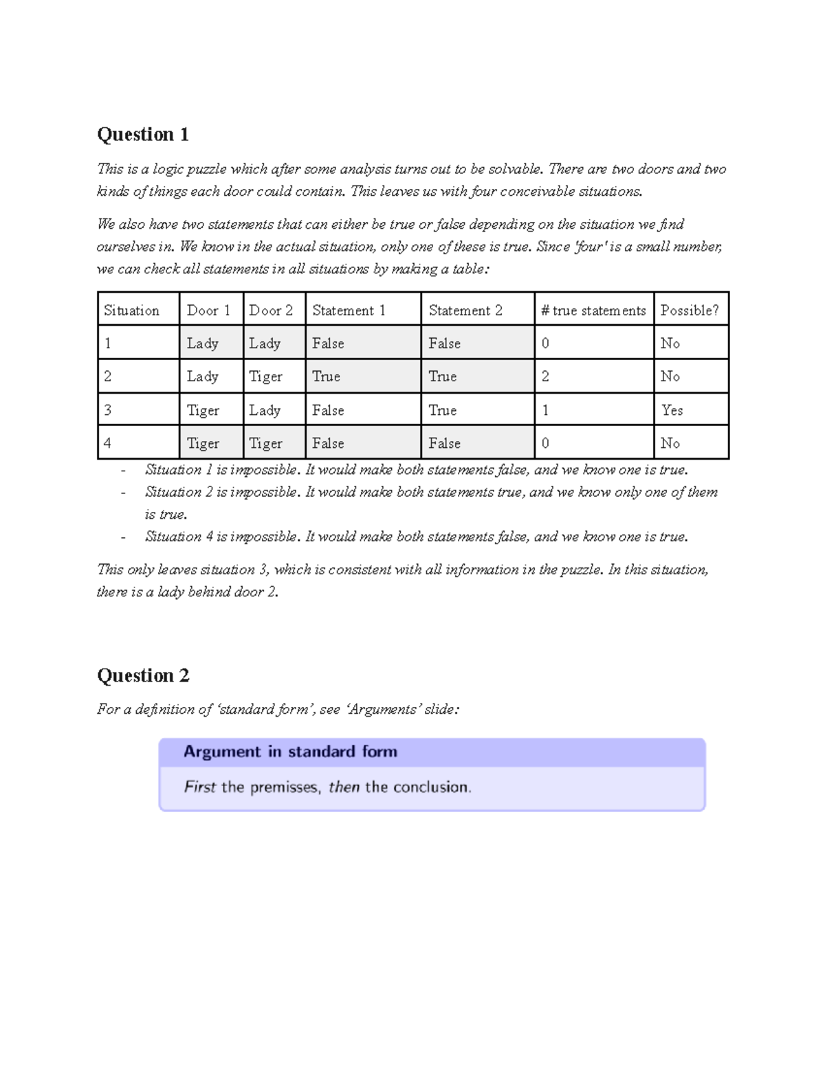 Solutions 1 - Tutorial Answers and Logic Puzzles Analysis - Studeersnel