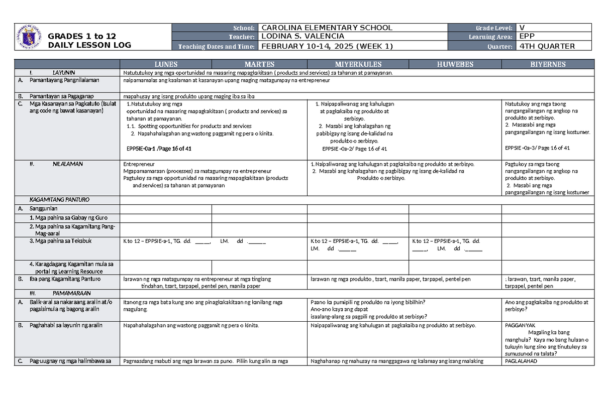DLL EPP5 Q4 W1: Daily Lesson Log for Entrepreneurial Skills - Studocu