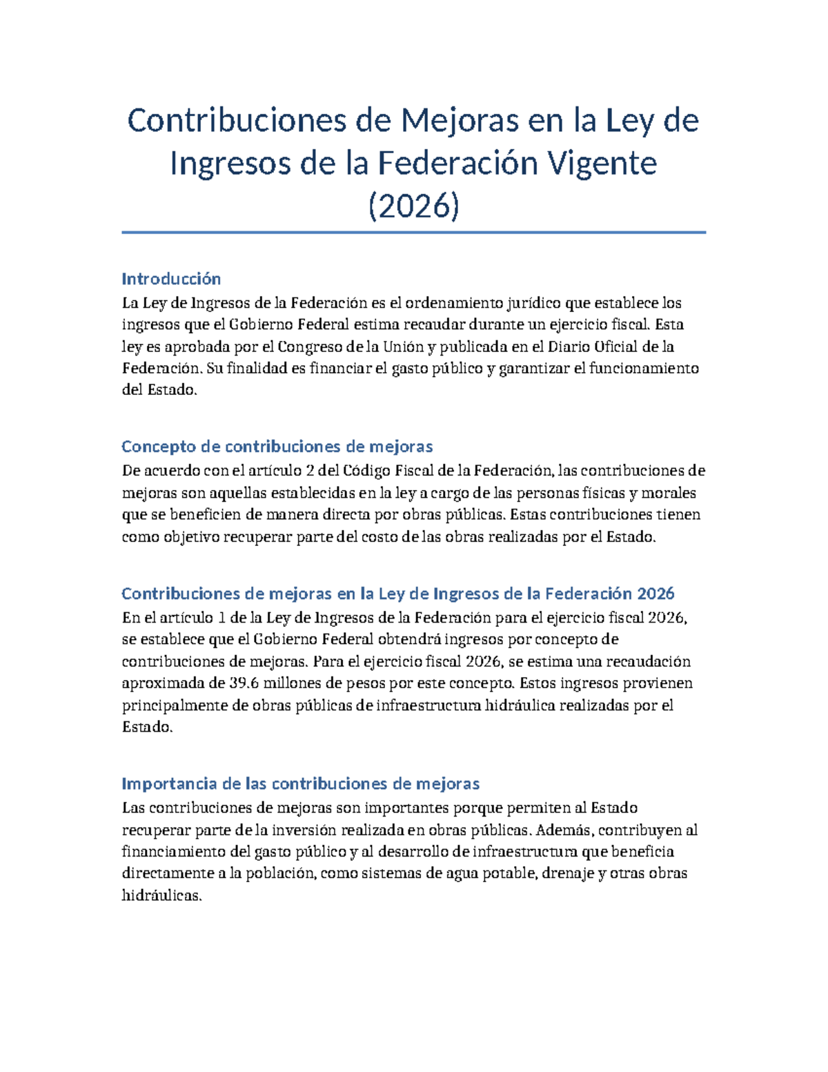 Contribuciones de Mejoras en la Ley de Ingresos de la Federación 2026 ...