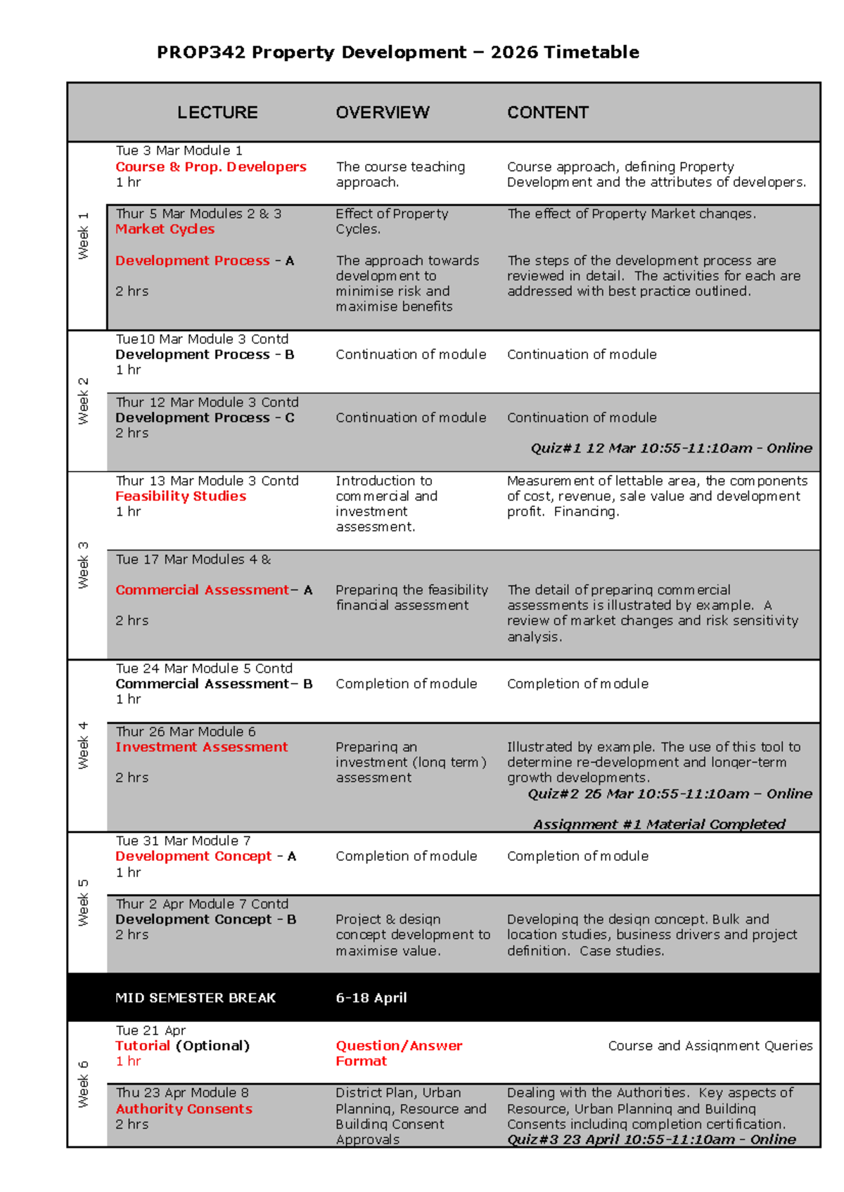 PROP342 Property Development 2026 Lecture Timetable Overview - Studocu