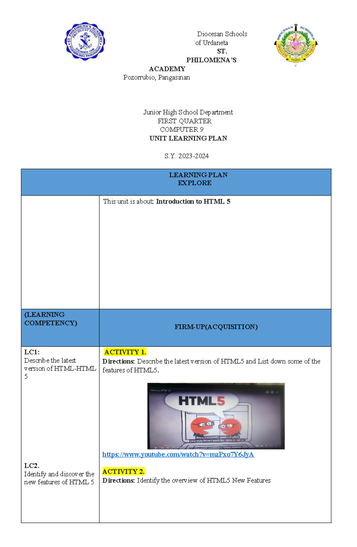 Computer 9 First Quarter Learning Plan: Introduction to HTML5 - Studocu