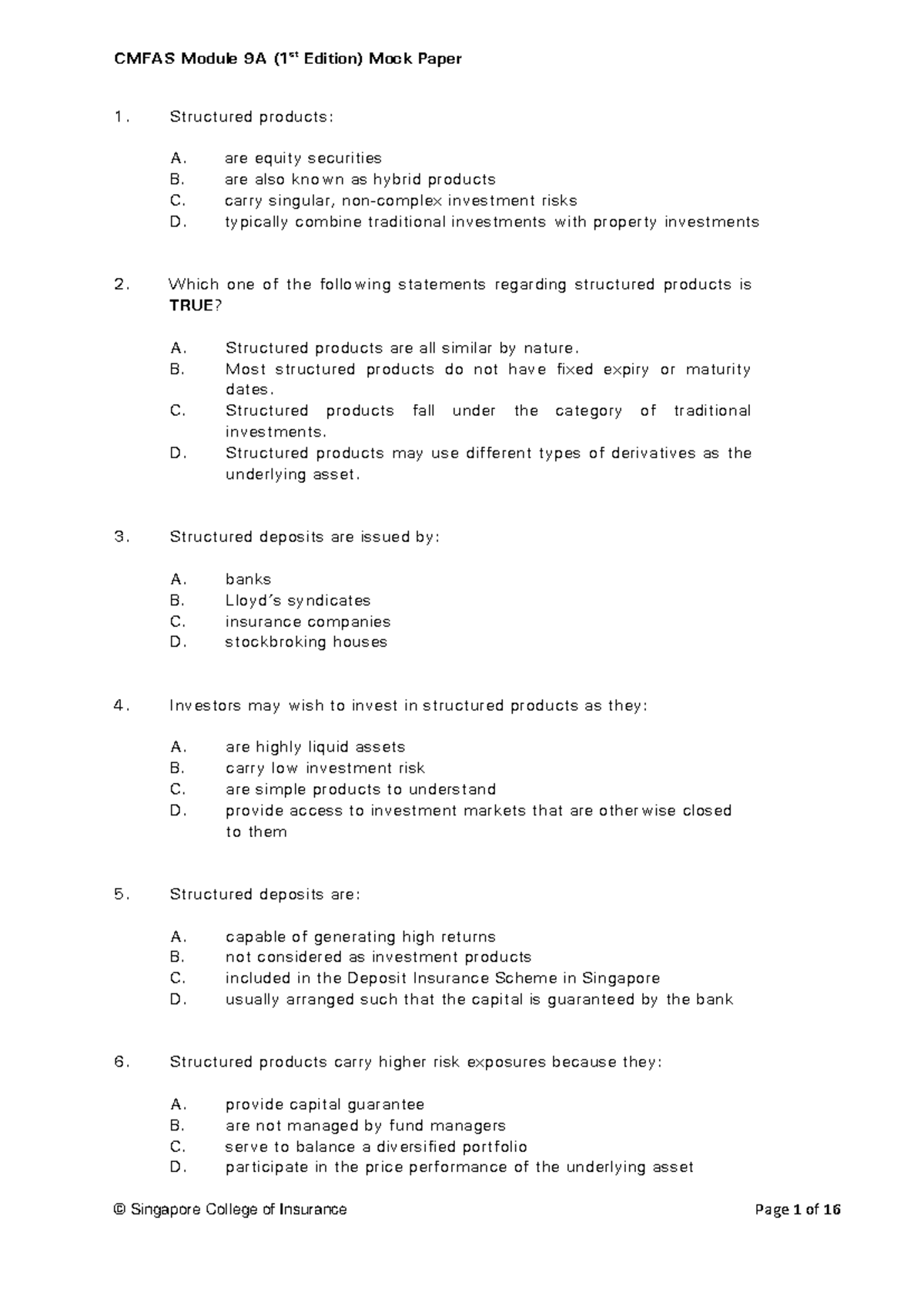 CMFAS Module 9A (1st Edition) Mock Exam Paper 1 on Structured Products ...