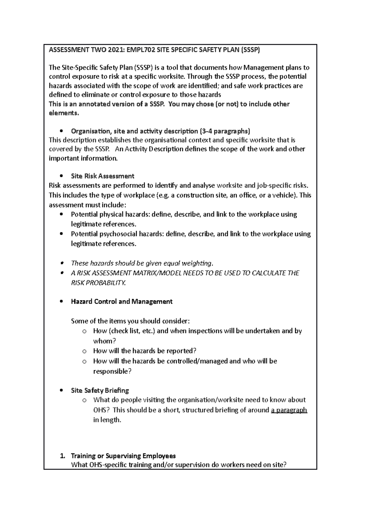 EMPL702 Site-Specific Safety Plan (SSSP) Guidelines S2 2021 - Studocu