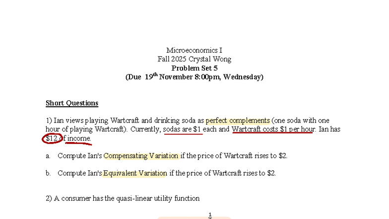 Microeconomics I (ECON101) Fall 2025 Problem Set 5 Solutions - Studocu