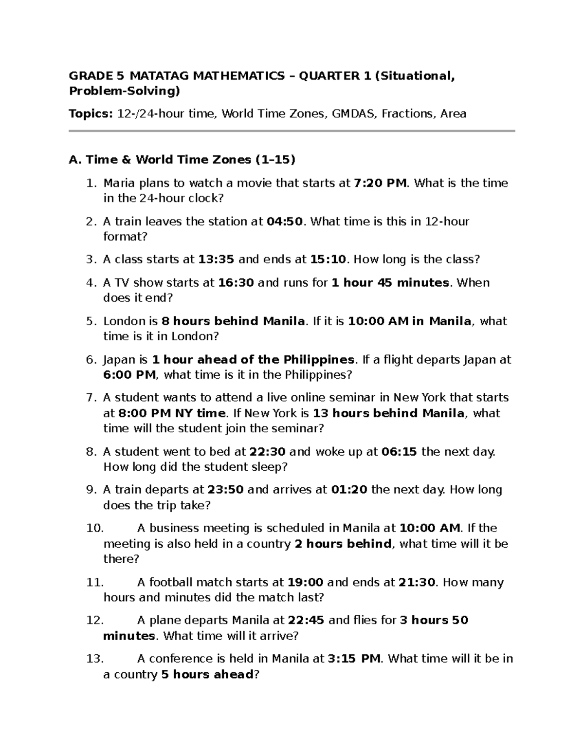 GRADE 5 MATATAG MATHEMATICS QUARTER 1: TIME, GMDAS & FRACTIONS - Studocu