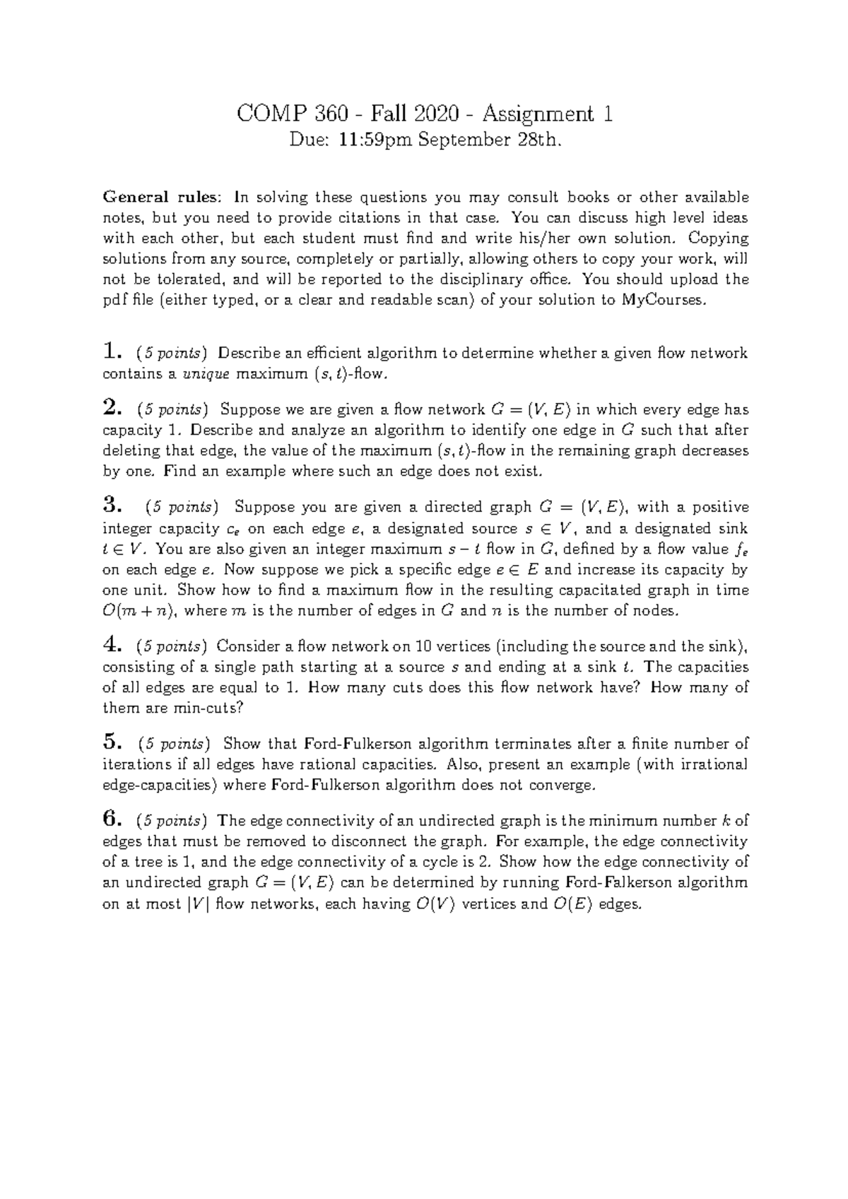 COMP360-Fall2020-Assignment 1: Flow Networks and Algorithms Analysis ...