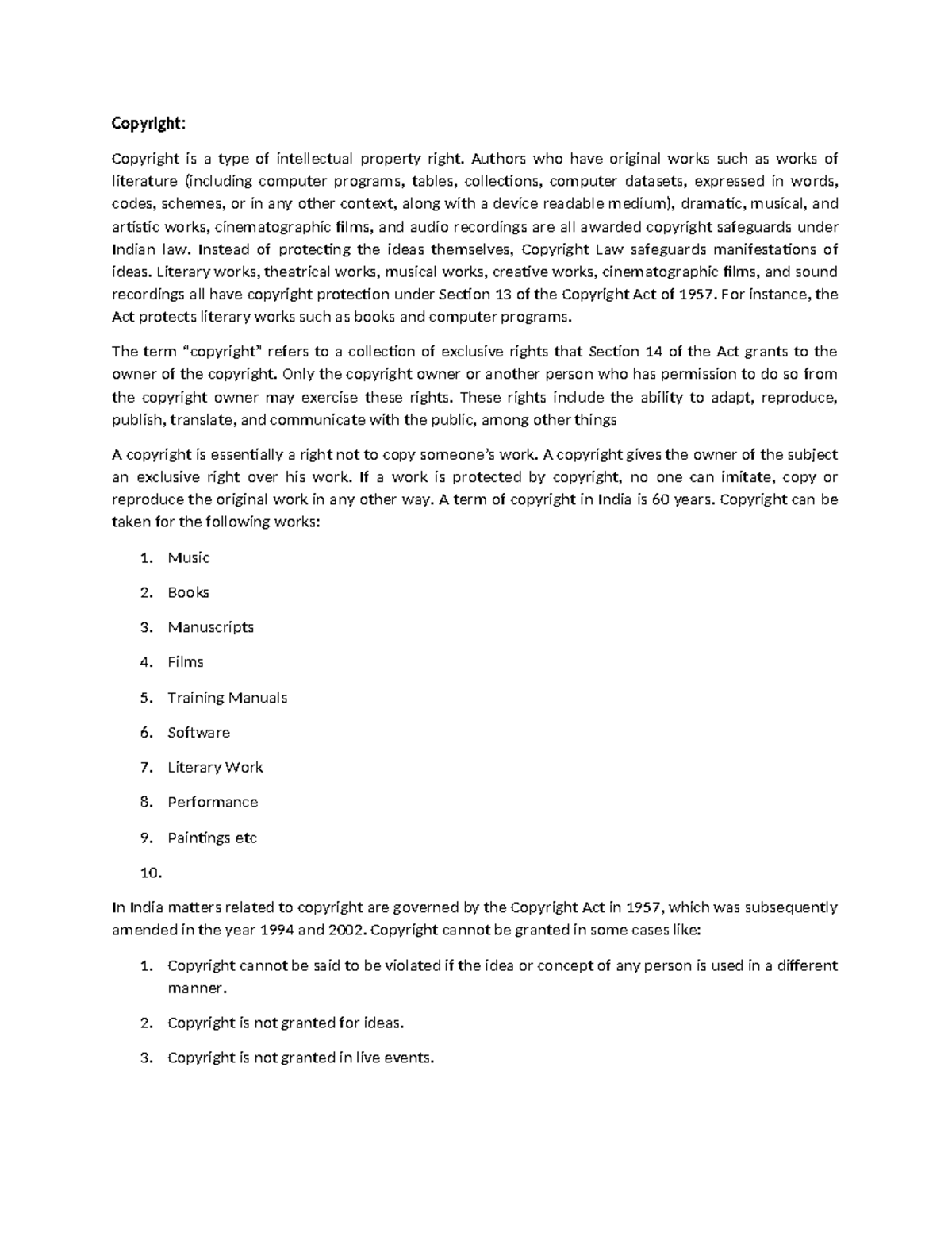 Copyright notes - Copyright: Copyright is a type of intellectual ...