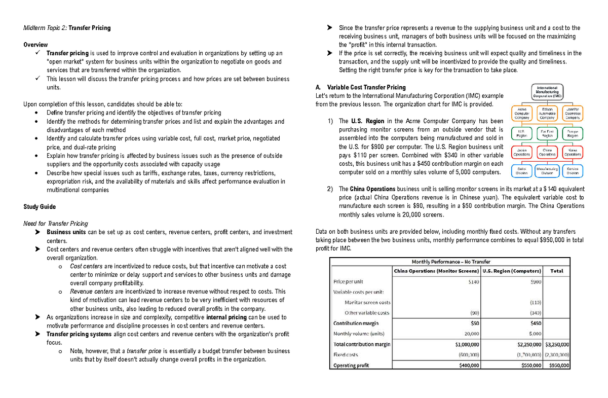 Midterm Lecture Notes: Transfer Pricing Overview (Course Code: TBD ...