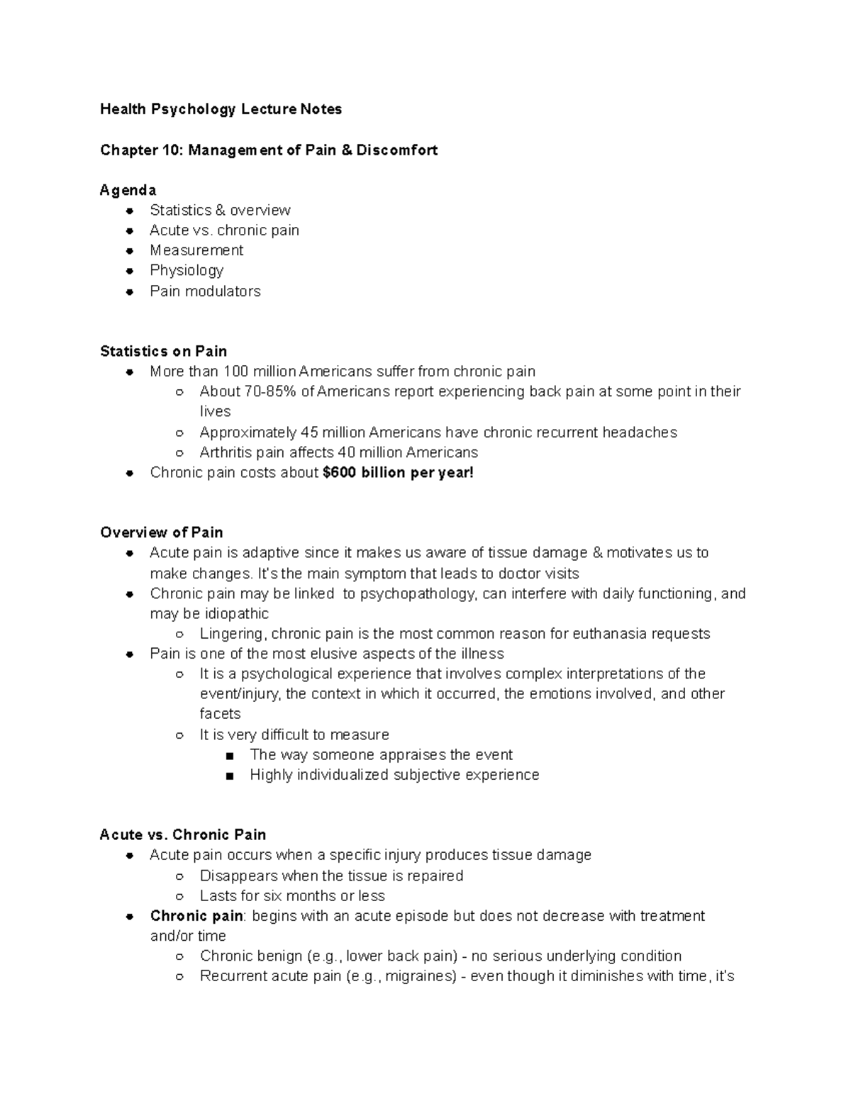 Health Psychology Lecture Notes - Chapter 10: Pain Management Insights ...