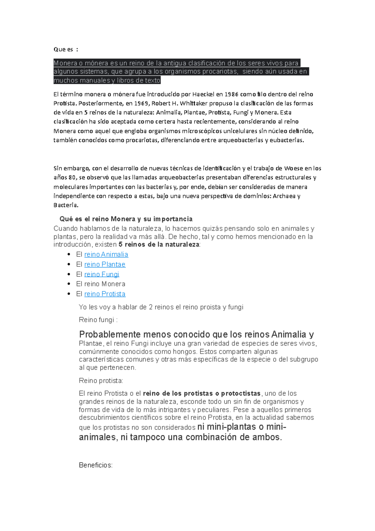 El Reino Monera: Clasificación, Importancia y Características - Studocu