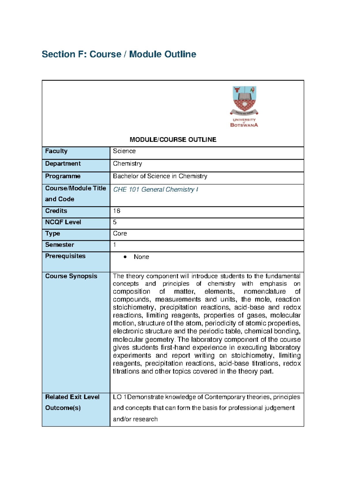 CHE 101 General chemistry I course outline for 2025 - Studocu