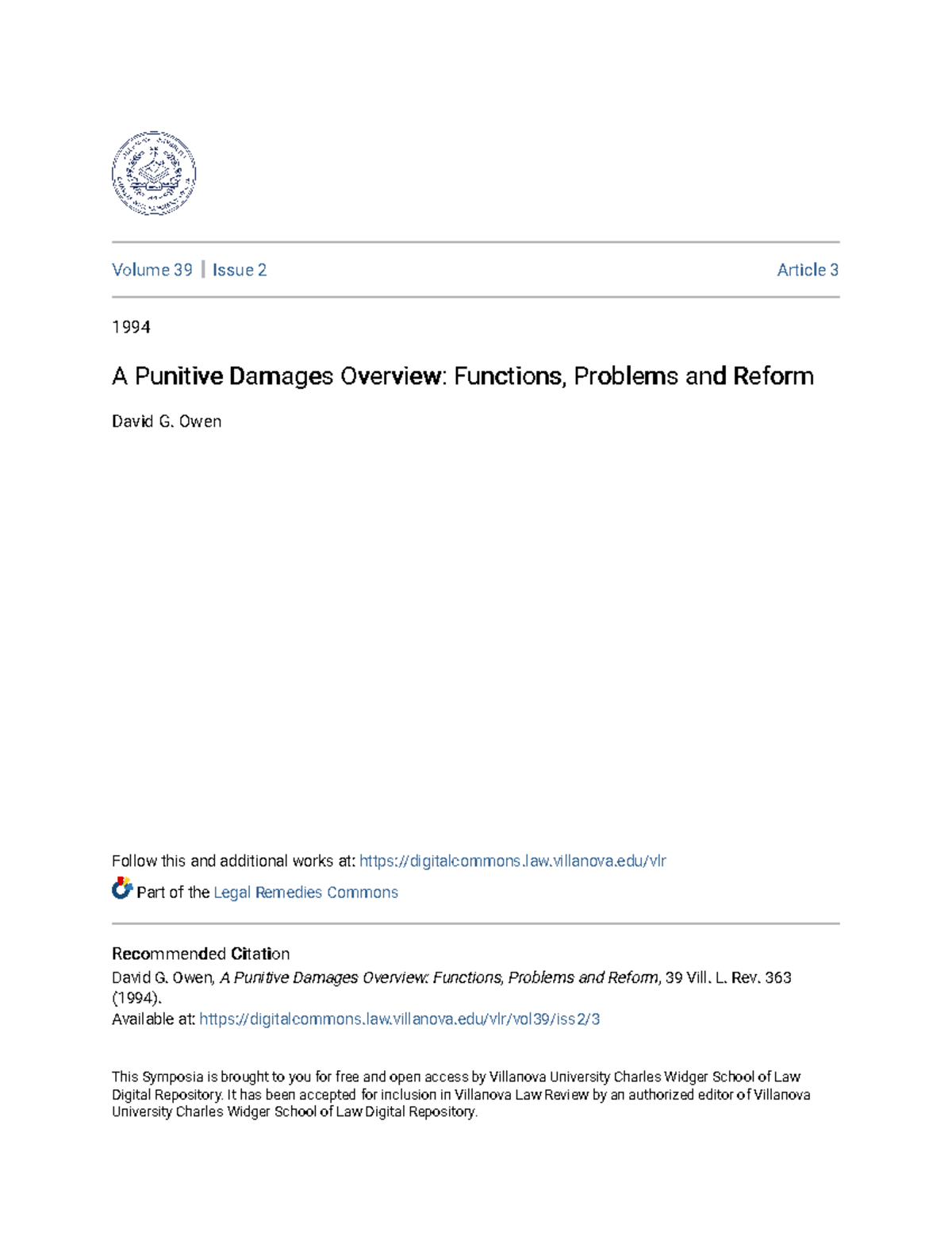 A Punitive Damages Analysis: Functions, Issues & Proposed Reforms - Studocu