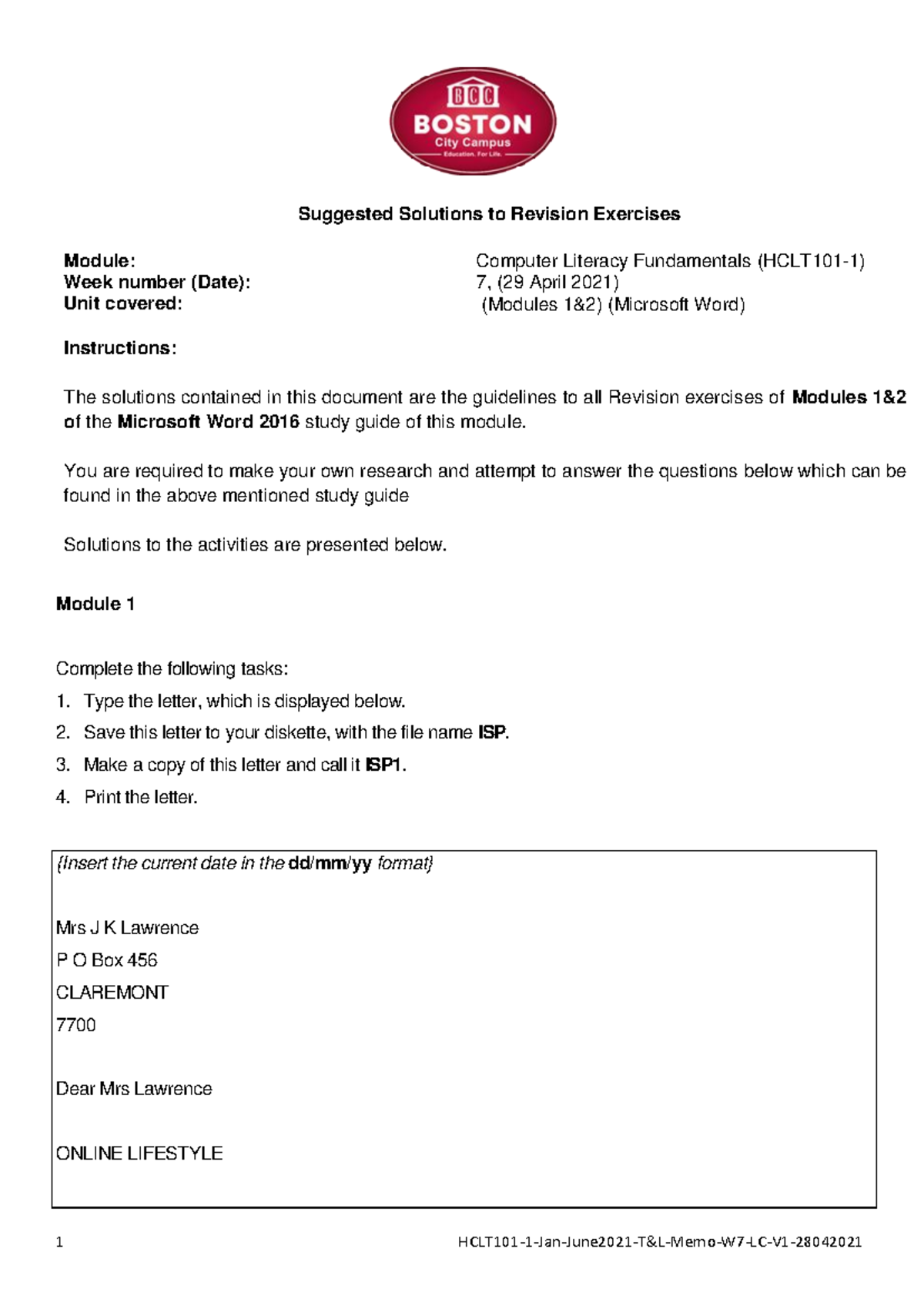 HCLT101 Week 7 Revision Guide: Microsoft Word 2016 Solutions - Studocu