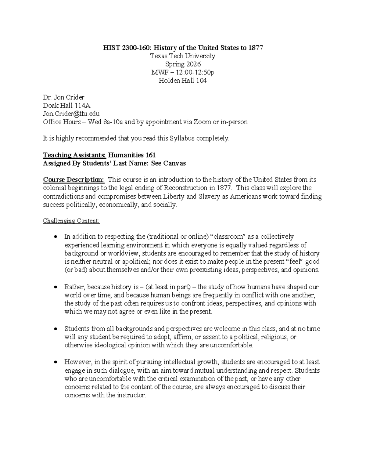 HIST 2300 Syllabus: History of the U.S. to 1877 - Spring 2026 - Studocu
