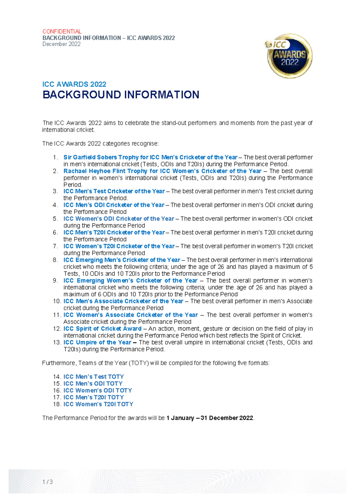ICC Awards 2022: Background Info & Voting Process - Studocu