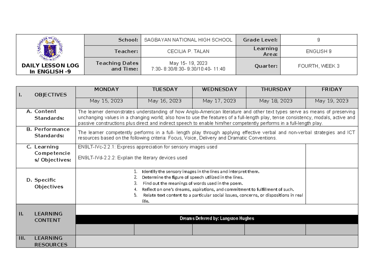 Q3 DLL-Eng 9 - Daily Lesson Log for May 15-19, 2023 - Studocu