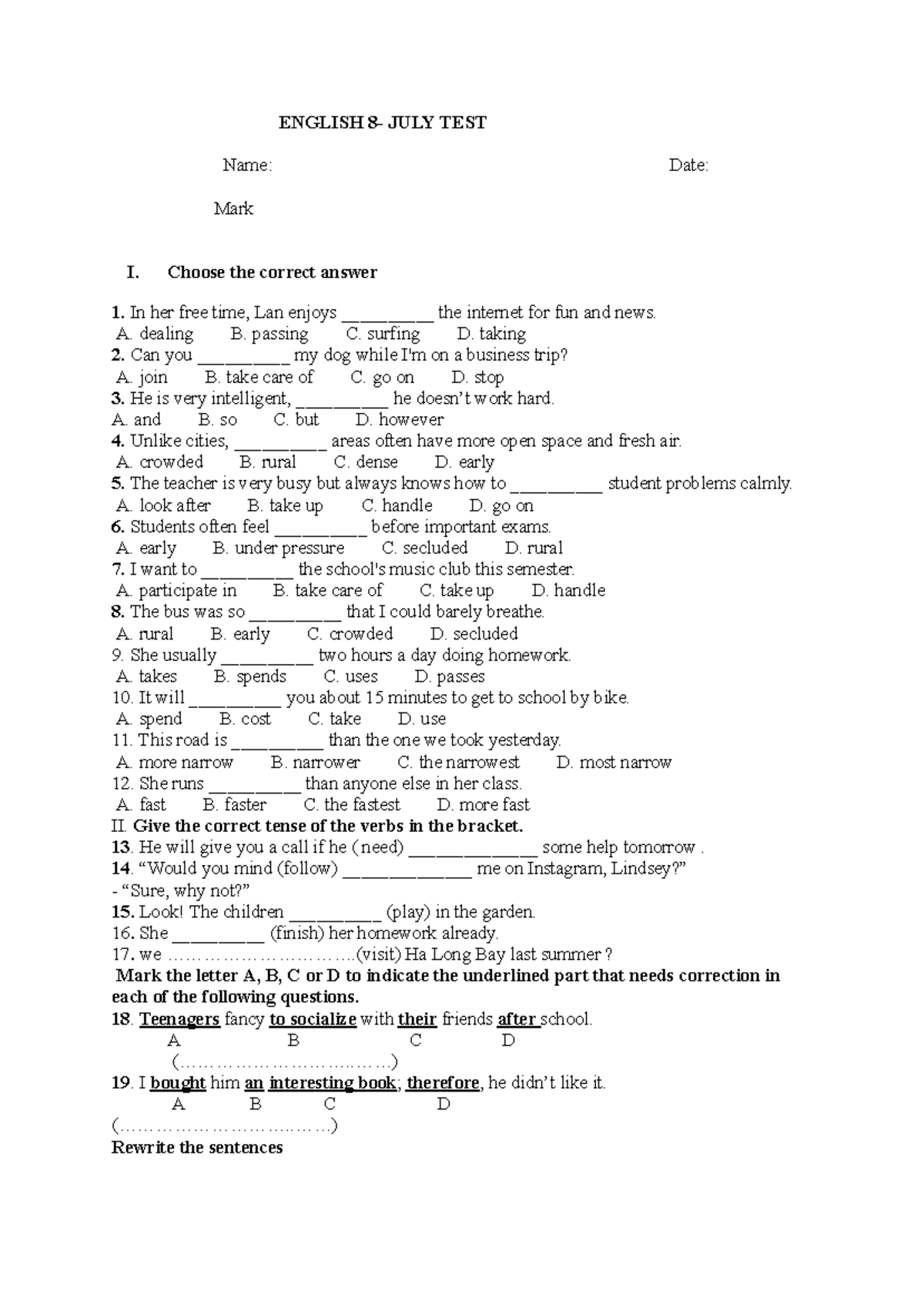 English 8 Test July - Practice Questions and Answers - Studocu