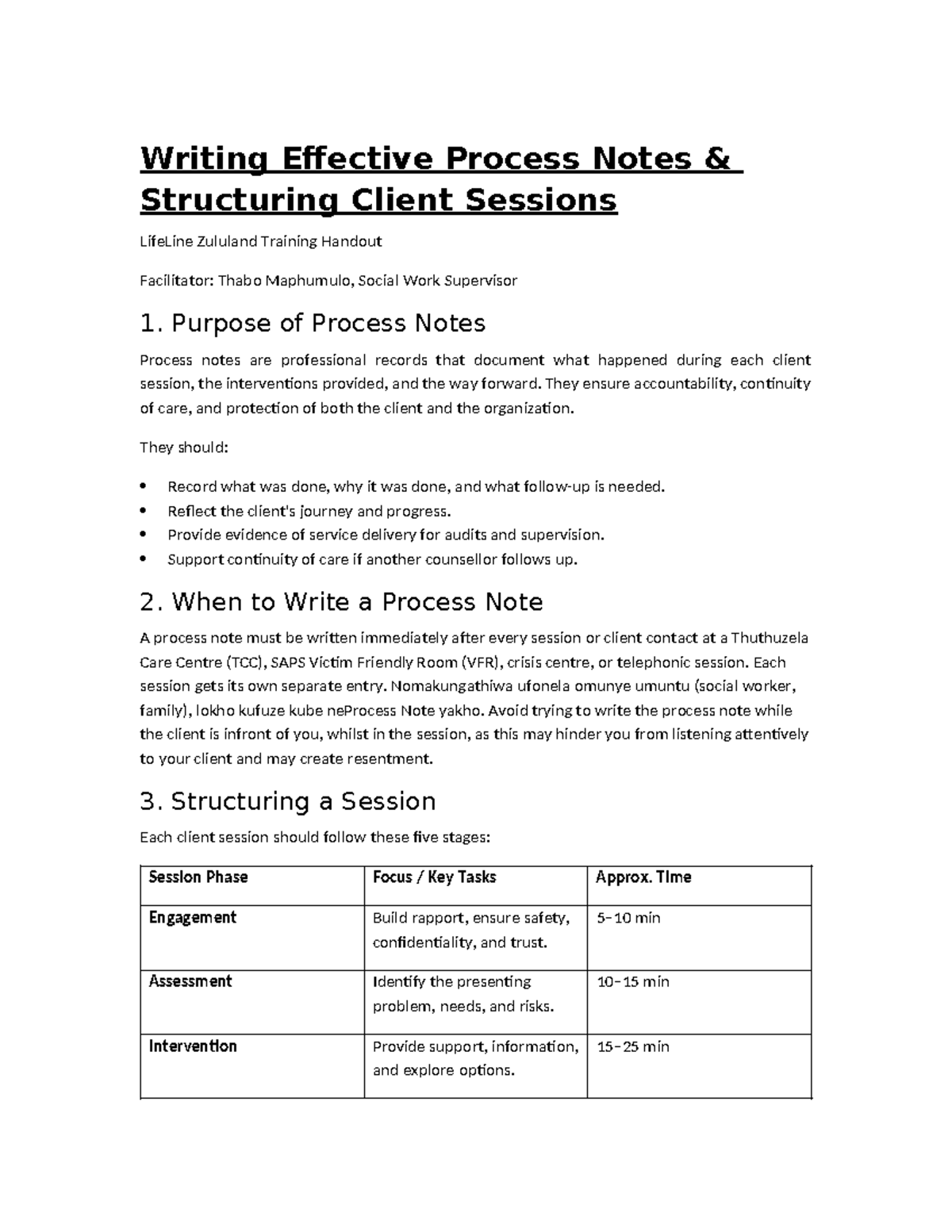 Effective Process Notes for Client Sessions: LifeLine Zululand Training ...