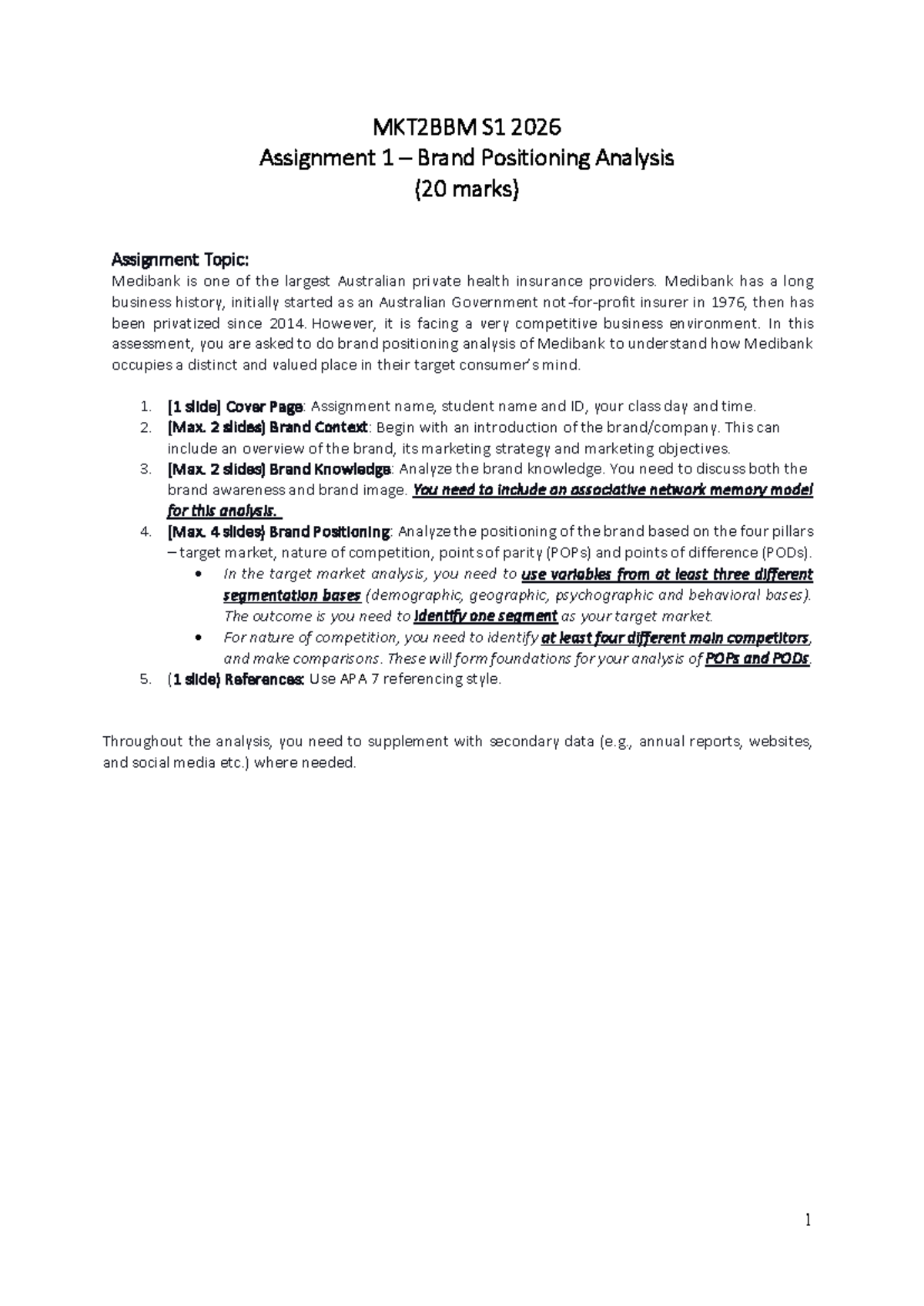 MKT2BBM S1 2026 Assignment 1: Medibank Brand Positioning Analysis - Studocu