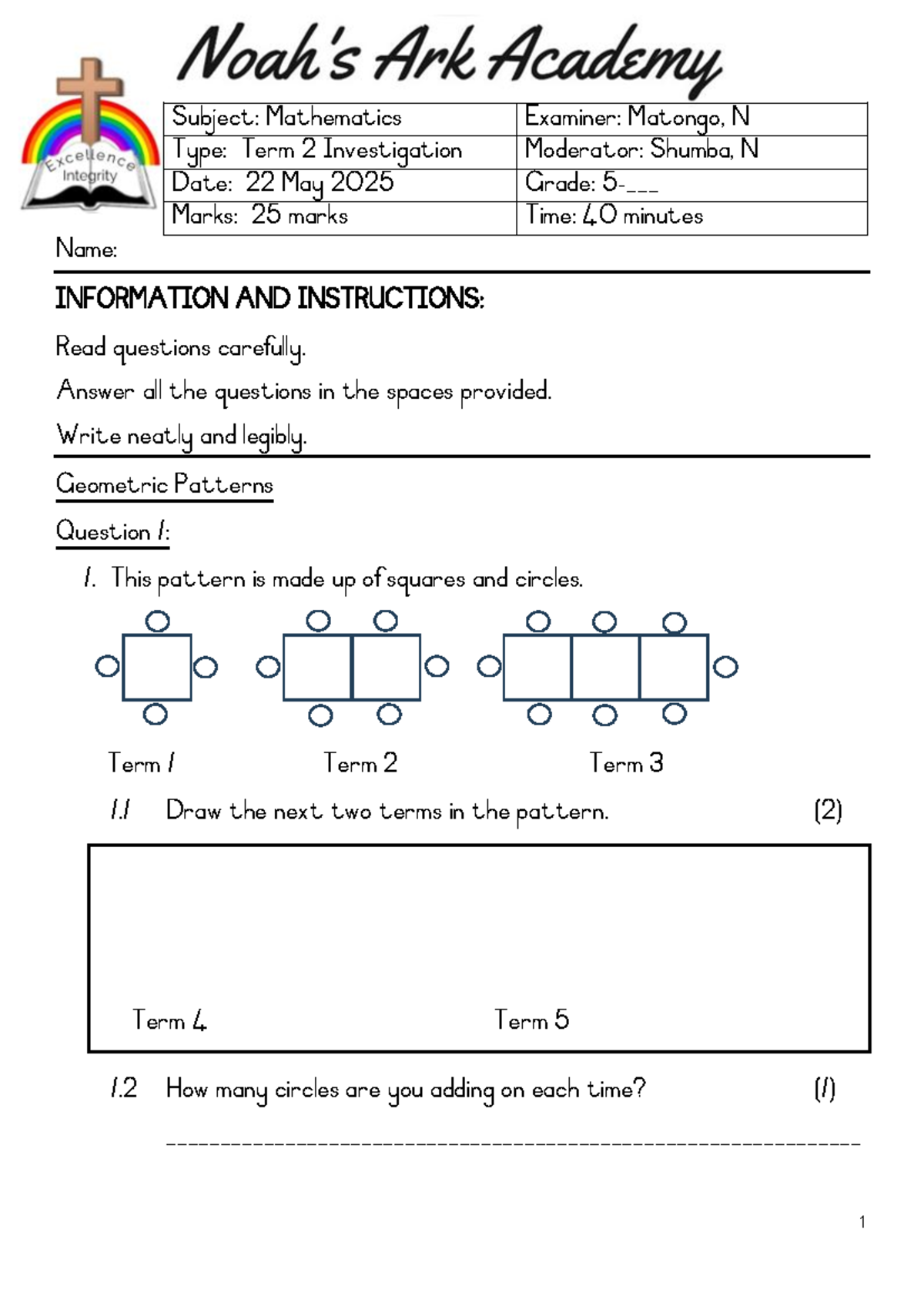 2025 Grade 5 Term 2 Math Investigation: Geometric Patterns and ...