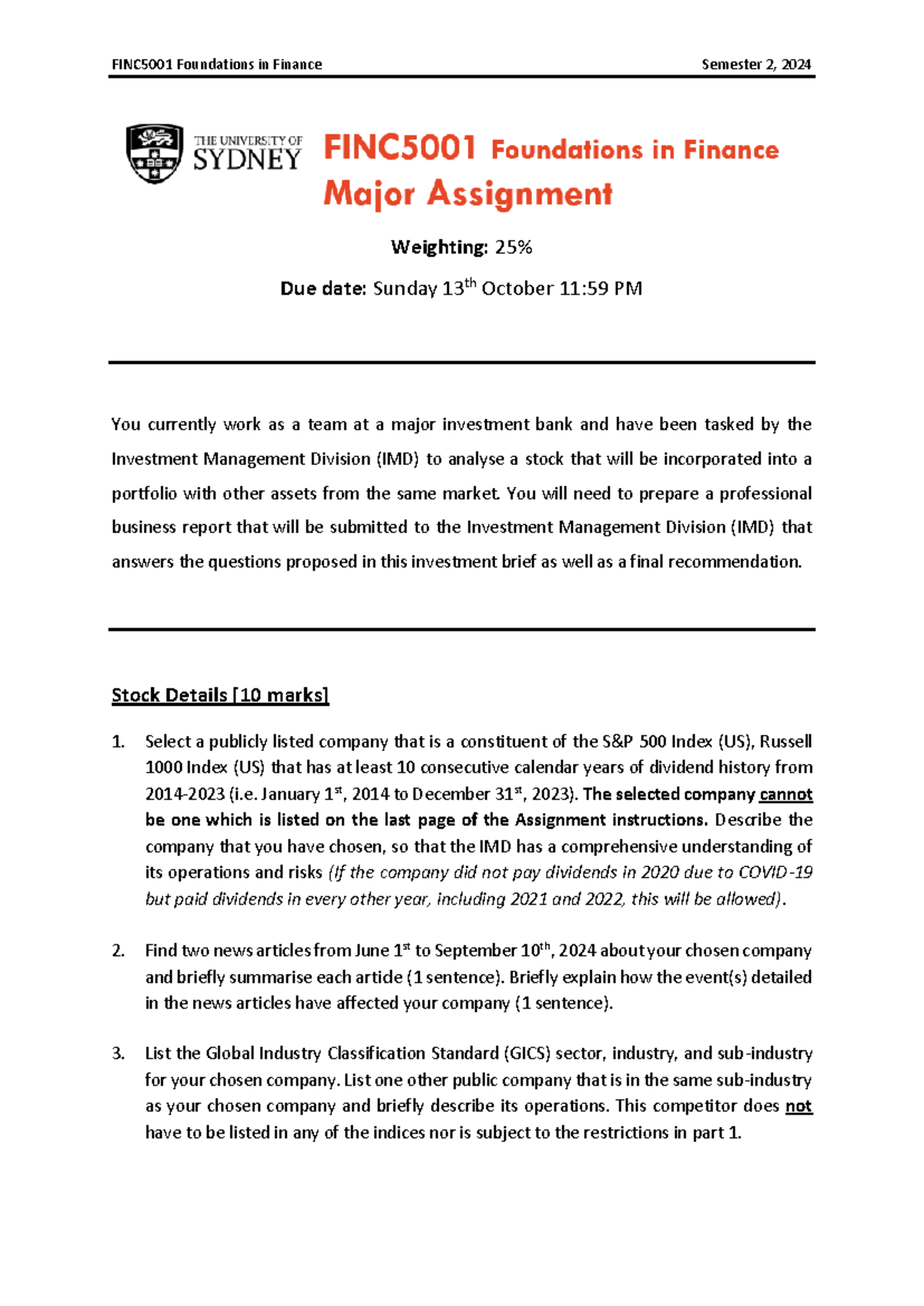 FINC5001 Major Assignment Report S22024-1 - Weighting: 25 % Due date ...