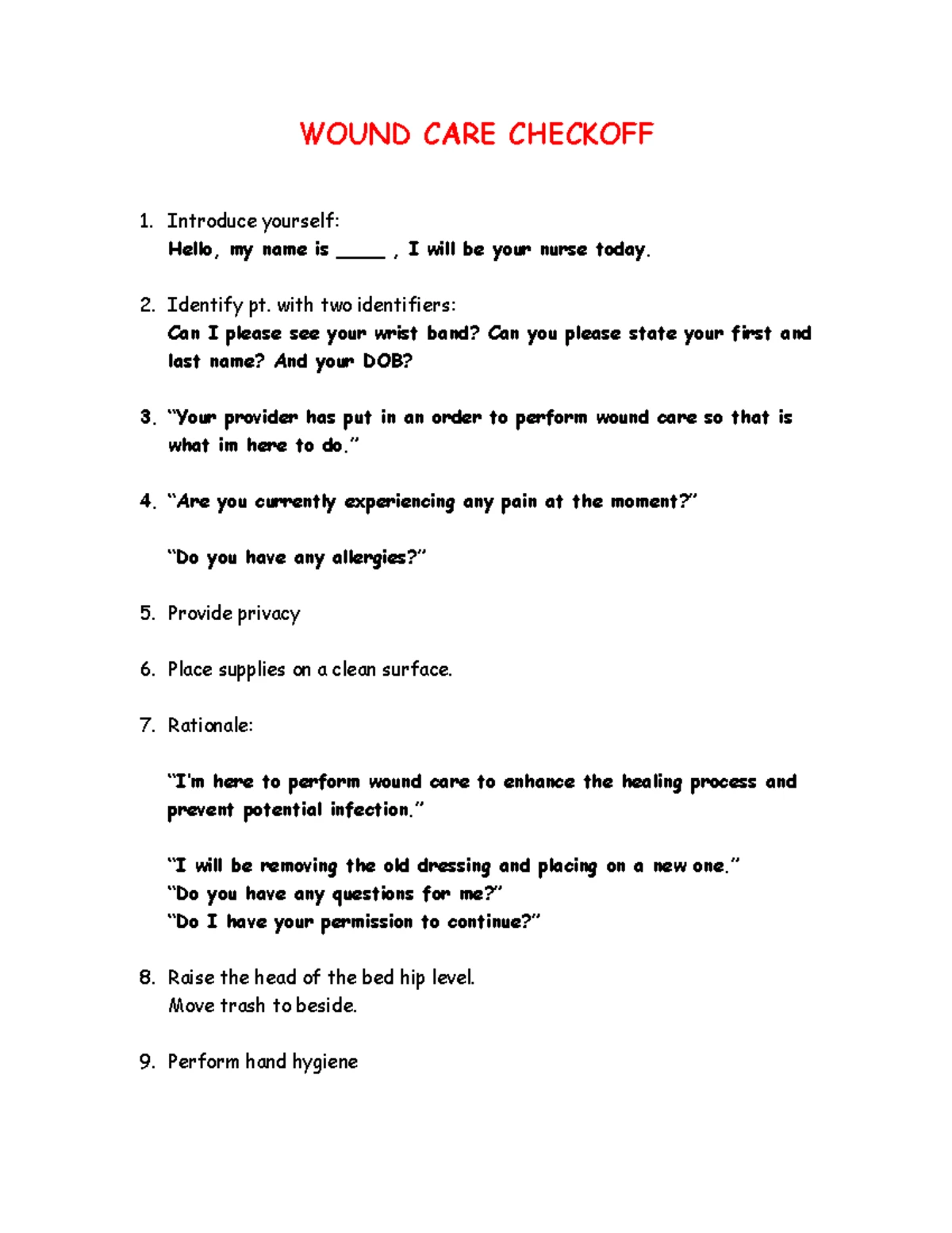 NR 224 Wound Care Script: Student Nurse Procedure Guide - Studocu