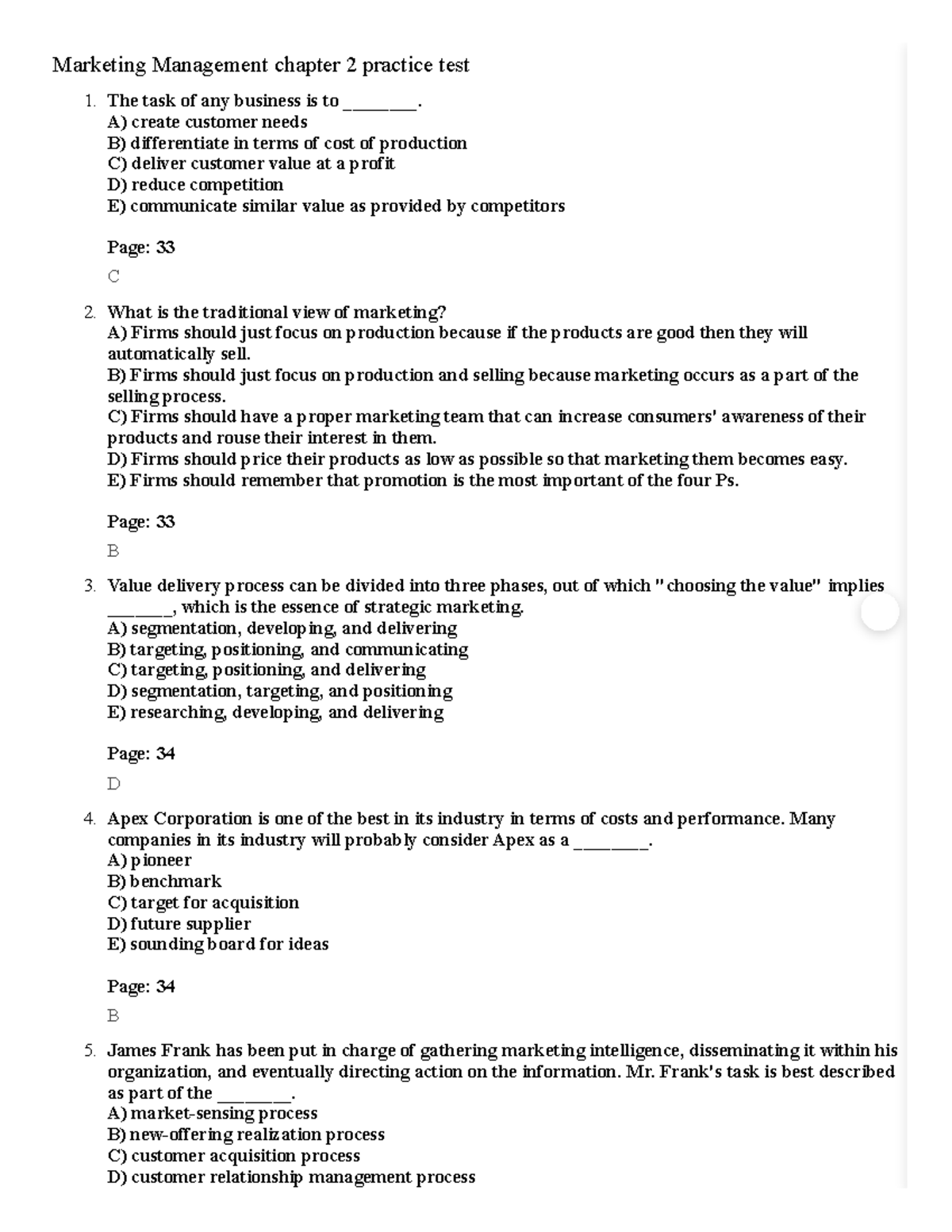 Chapter-2 - Marketing Management Final Exam Practice Questions - Studocu