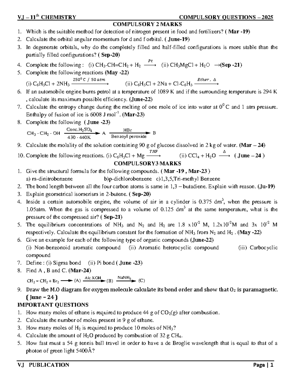 11th compulsory Question - New 2025 - VJ – 11 CHEMISTRY COMPULSORY ...