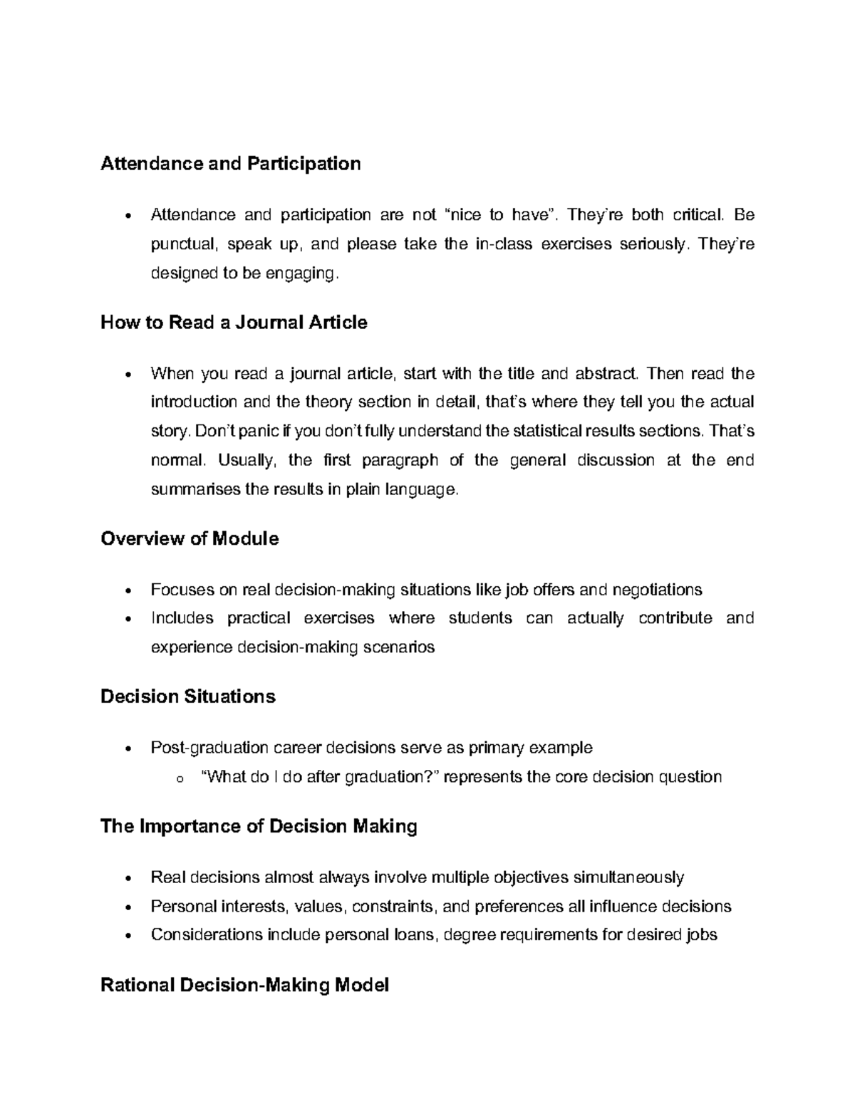 Week 1 - Rational Decision Making Model Overview and Insights - Studocu
