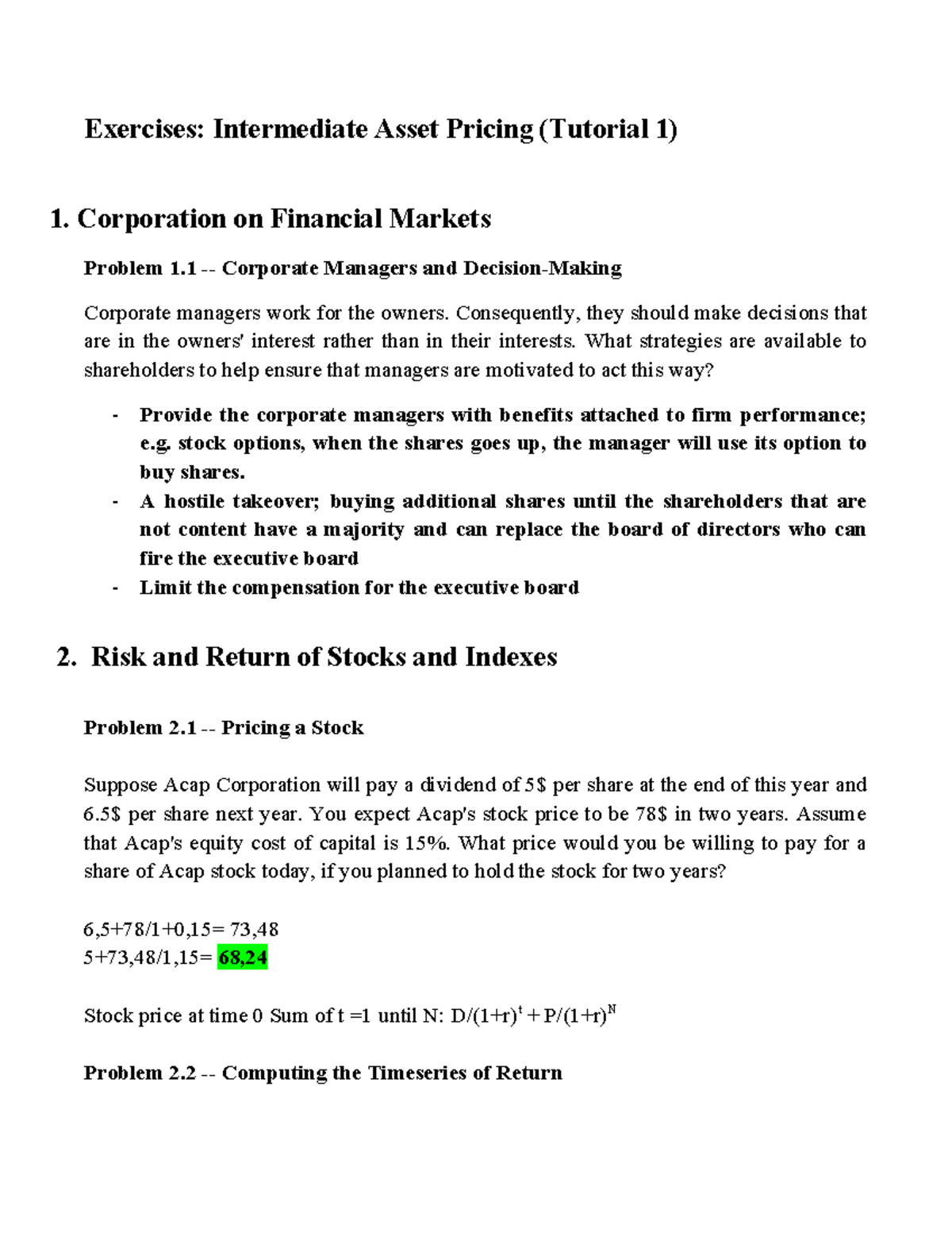 Intermediate Asset Pricing Exercises (Tutorial 1) Analysis & Problems ...